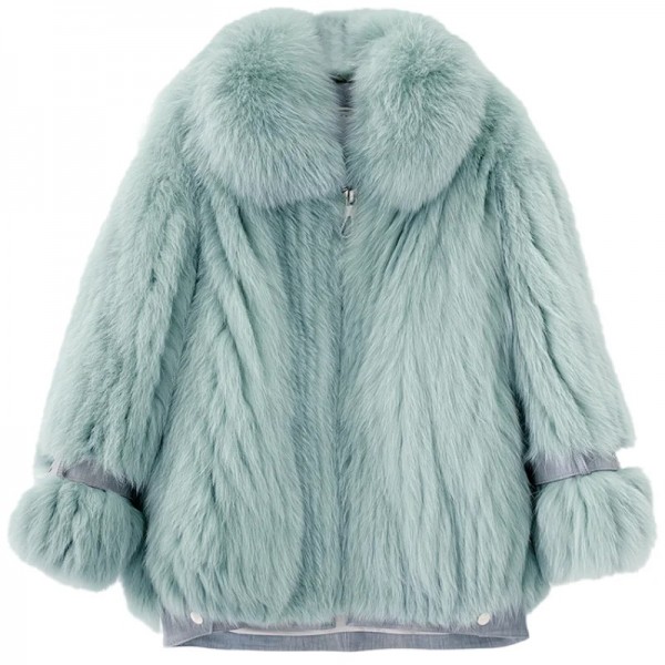 Natural Real Fox Fur Coat for Women, Winter Turn-D...